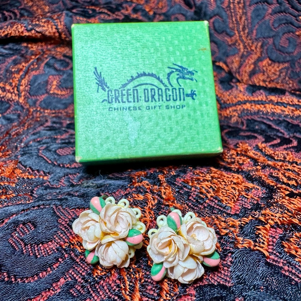 Antique Green Dragon Cream and Pink Floral Earrings